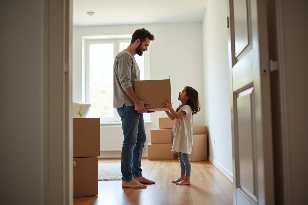 Père et fille partageant un moment de déménagement