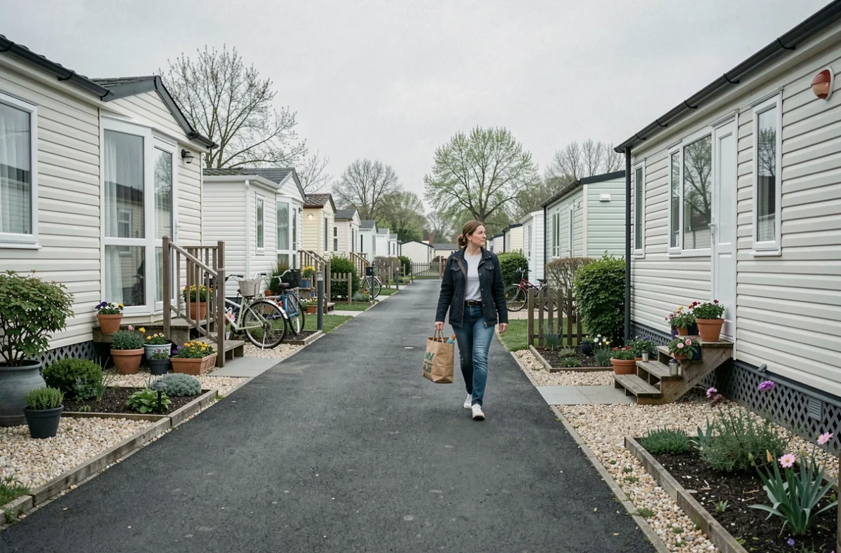 Vue extérieure d'un parc résidentiel de mobil homes en location à l'année au printemps, avec allée centrale et jardins privatifs aménagés