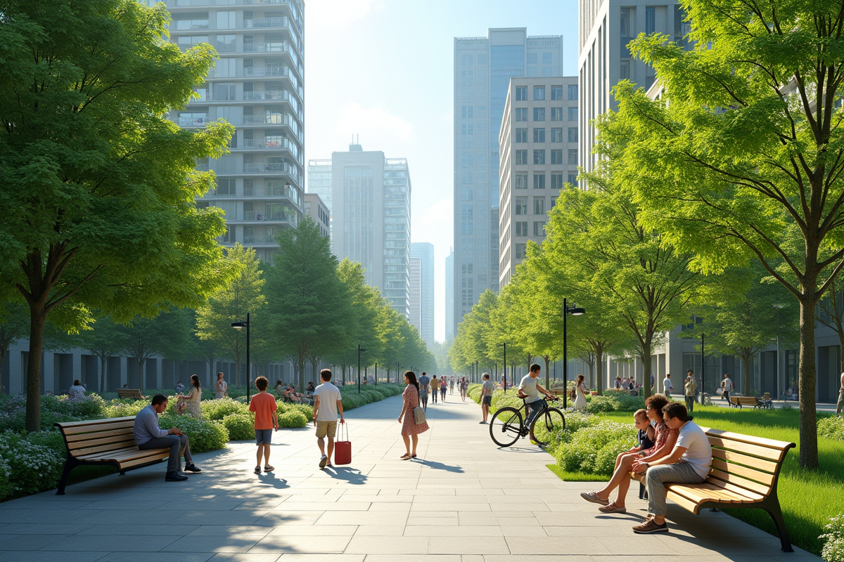 Parc urbain moderne avec familles et vélos en plein jour