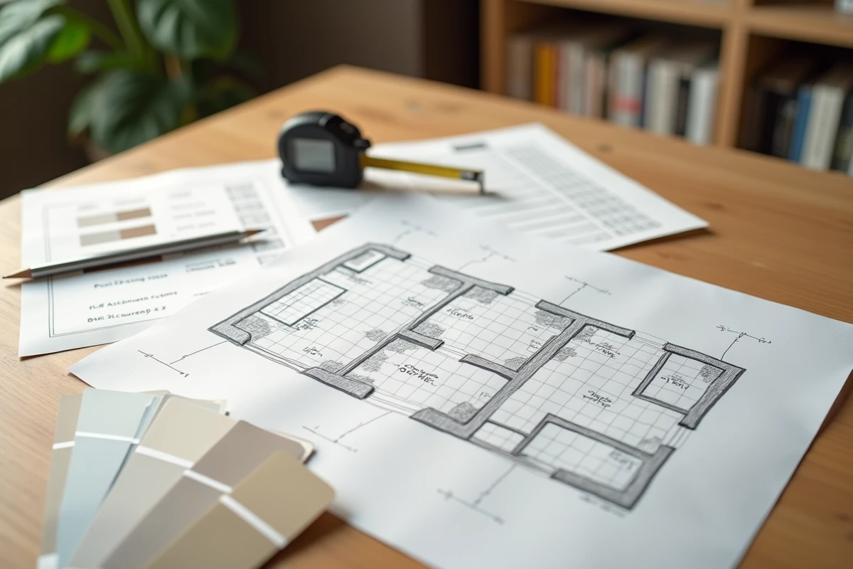 Plan de rénovation posé sur une table avec calcul de surface en m2, nuancier de peinture et mesures pour parquet et peinture