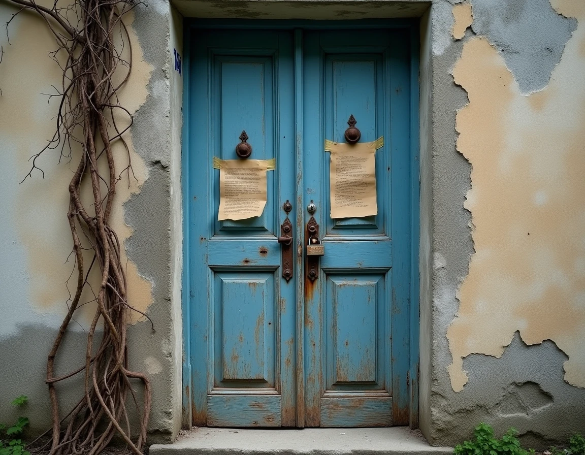 Porte en bois délabrée d'une maison abandonnée avec cadenas et affichette, symbole des arnaques liées aux maisons à donner