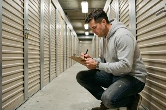 Homme préparant une enchère de box abandonné en inspectant des unités de stockage dans un couloir de garde-meuble