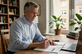 Propriétaire examinant les documents de frais d'agence immobilière en copropriété à son bureau