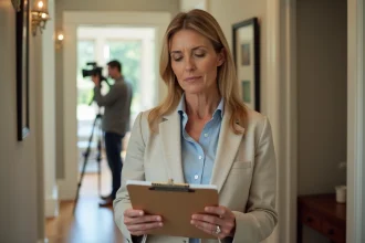Propriétaire de maison examinant un contrat de tournage dans son entrée pendant la préparation d'un tournage cinématographique