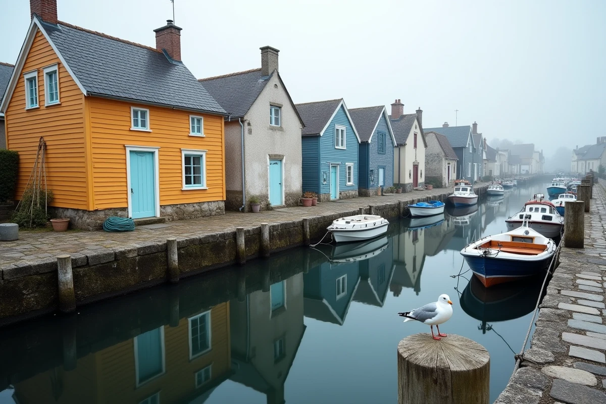 Rangée de maisons de pêcheurs aux façades colorées le long d'un quai de port normand avec bateaux amarrés et reflets dans l'eau