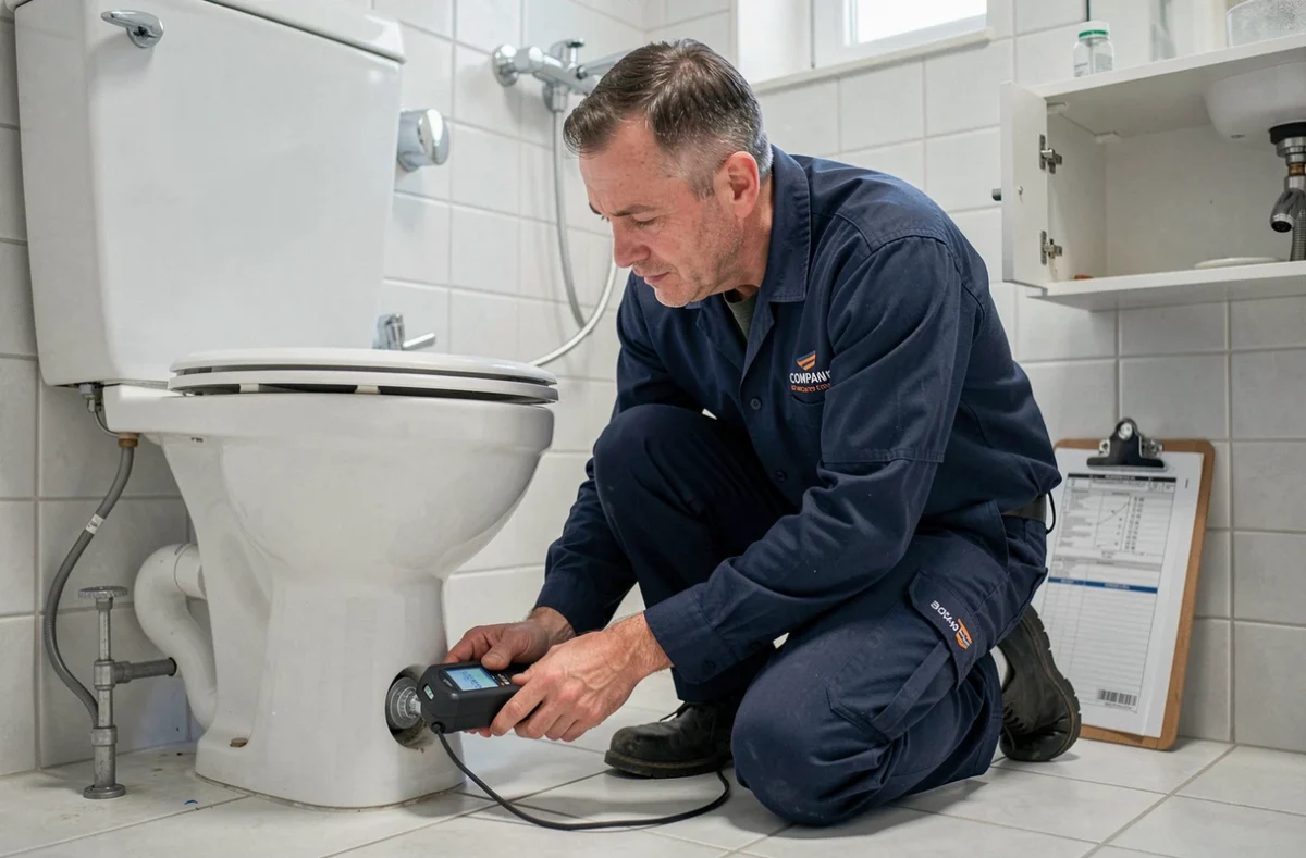 Plombier en copropriété inspectant une fuite d'eau sous les sanitaires d'un appartement avec un détecteur d'humidité professionnel