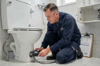 Plombier en copropriété inspectant une fuite d'eau sous les sanitaires d'un appartement avec un détecteur d'humidité professionnel