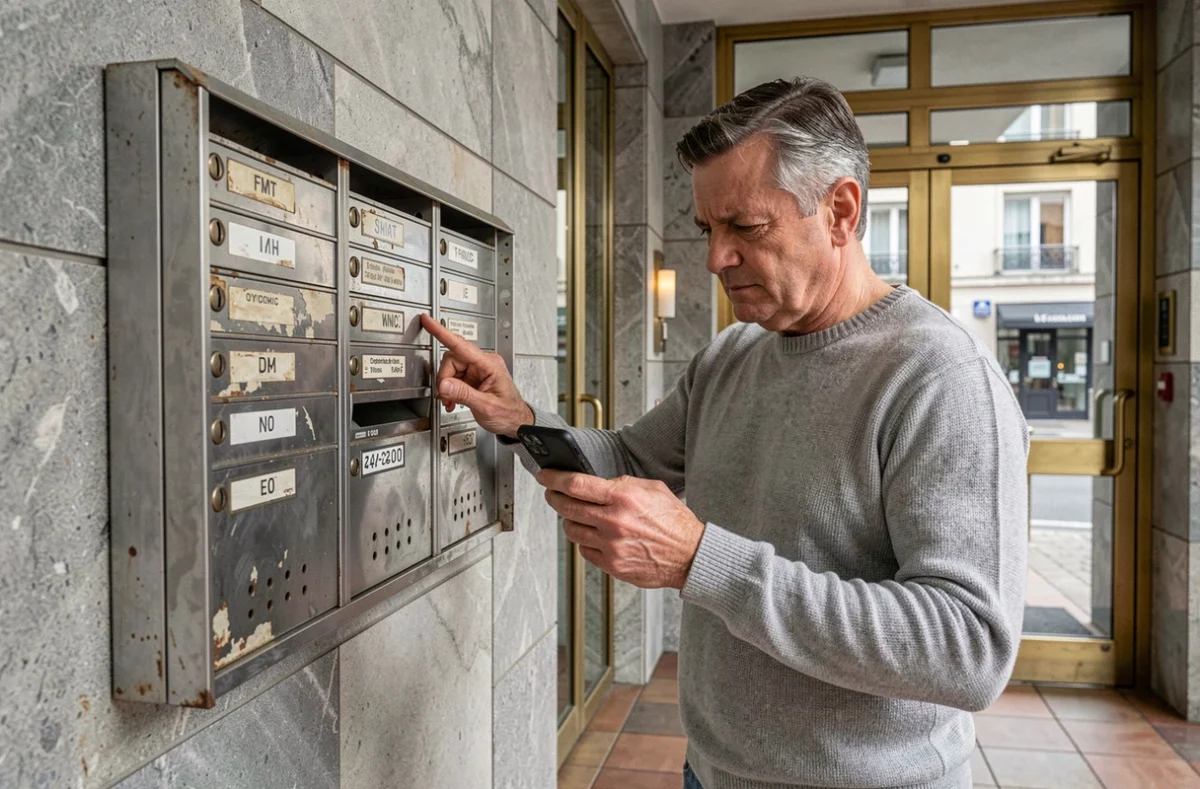 Homme inspectant les étiquettes de boîtes aux lettres pour retrouver le syndic d'un immeuble en copropriété