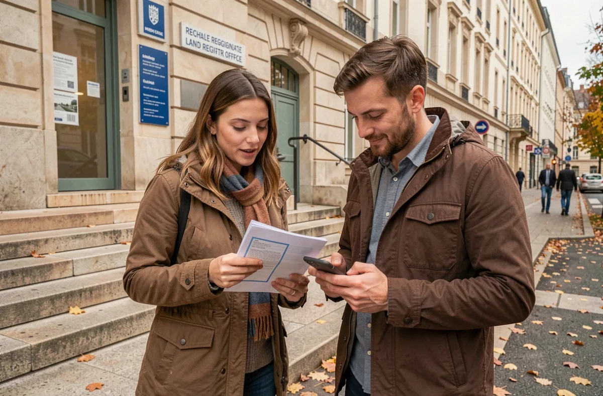 Couple consultant des documents officiels devant un service administratif pour identifier un syndic de copropriété introuvable