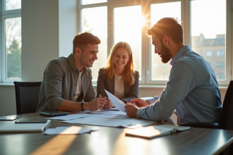Jeune couple rencontrant un conseiller financier dans un bureau lumineux