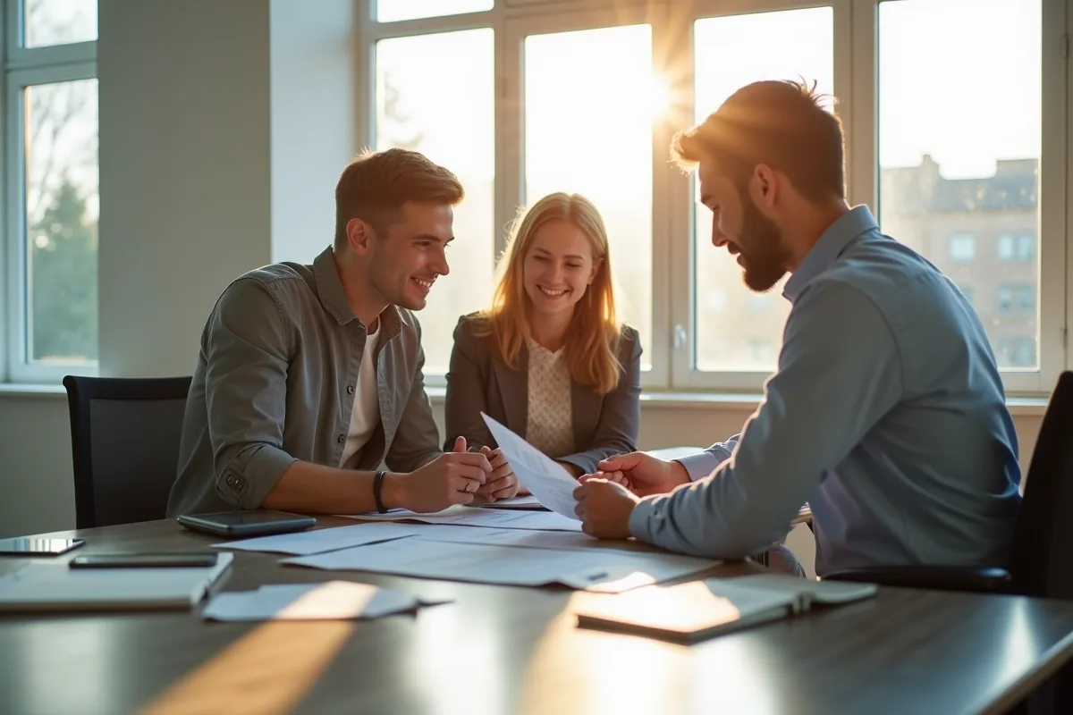 Jeune couple rencontrant un conseiller financier dans un bureau lumineux
