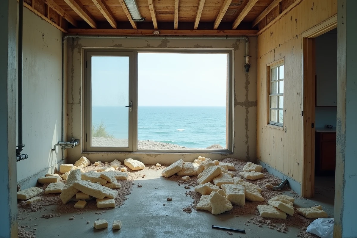 Intérieur d'une maison en bord de mer en cours de rénovation avec problèmes d'humidité et travaux inachevés
