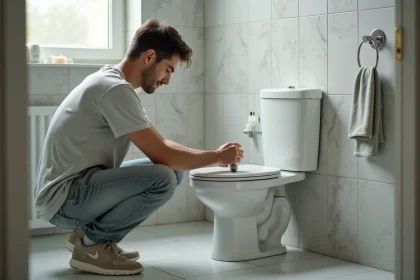 Jeune homme examine une chasse d'eau dans une salle de bain propre