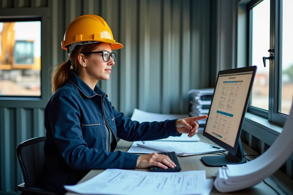 Femme responsable de chantier dans un bureau de site préfabriqué consultant un logiciel de gestion d'accès chantier sur ordinateur