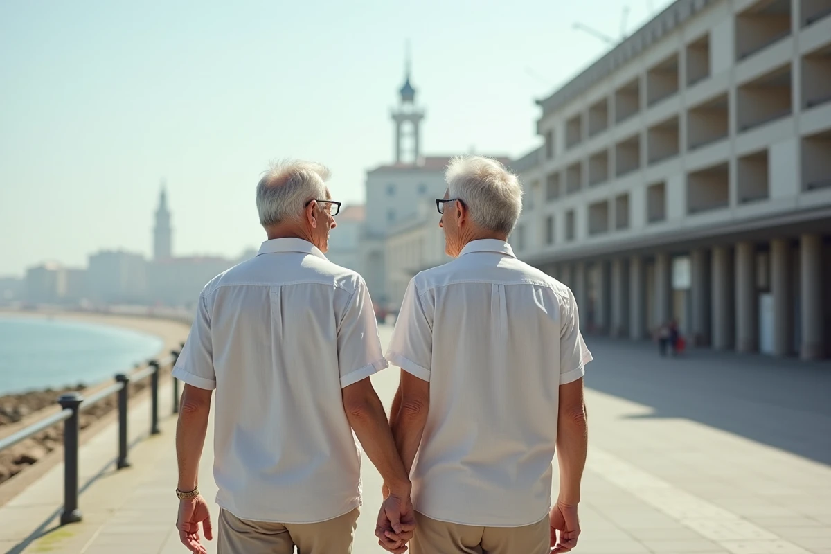 Couple de retraités se promenant sur le front de mer du Havre avec l'architecture moderniste en arrière-plan