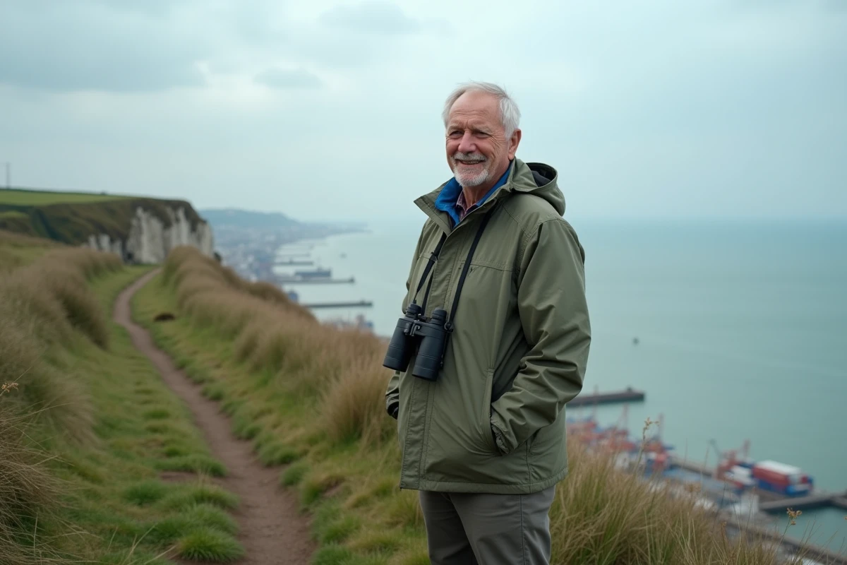 Retraité en randonnée sur les falaises de Sainte-Adresse avec vue panoramique sur l'estuaire de la Seine et le port du Havre