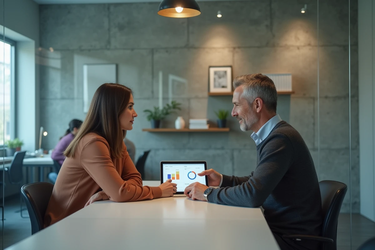 Deux professionnels discutant d'un comparatif LOC services et agences classiques lors d'une réunion en espace de coworking