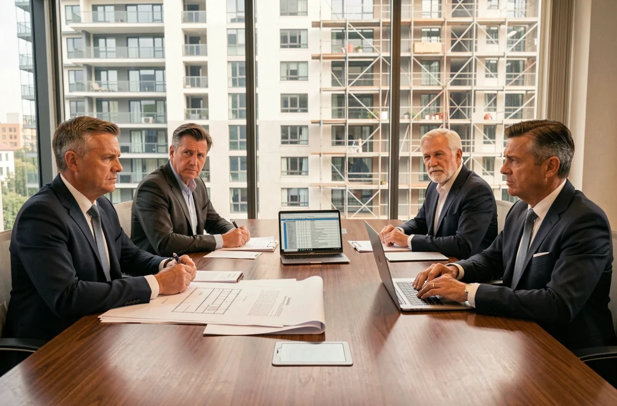 Réunion de copropriétaires autour d'une table avec documents et plans pour discuter d'un appel de fonds travaux