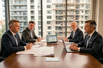 Réunion de copropriétaires autour d'une table avec documents et plans pour discuter d'un appel de fonds travaux