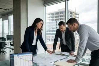 Cheffe de projet immobilier en réunion de pilotage avec son équipe autour de plans architecturaux et d'un tableau de bord Gantt dans un bureau moderne