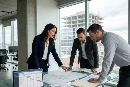 Cheffe de projet immobilier en réunion de pilotage avec son équipe autour de plans architecturaux et d'un tableau de bord Gantt dans un bureau moderne
