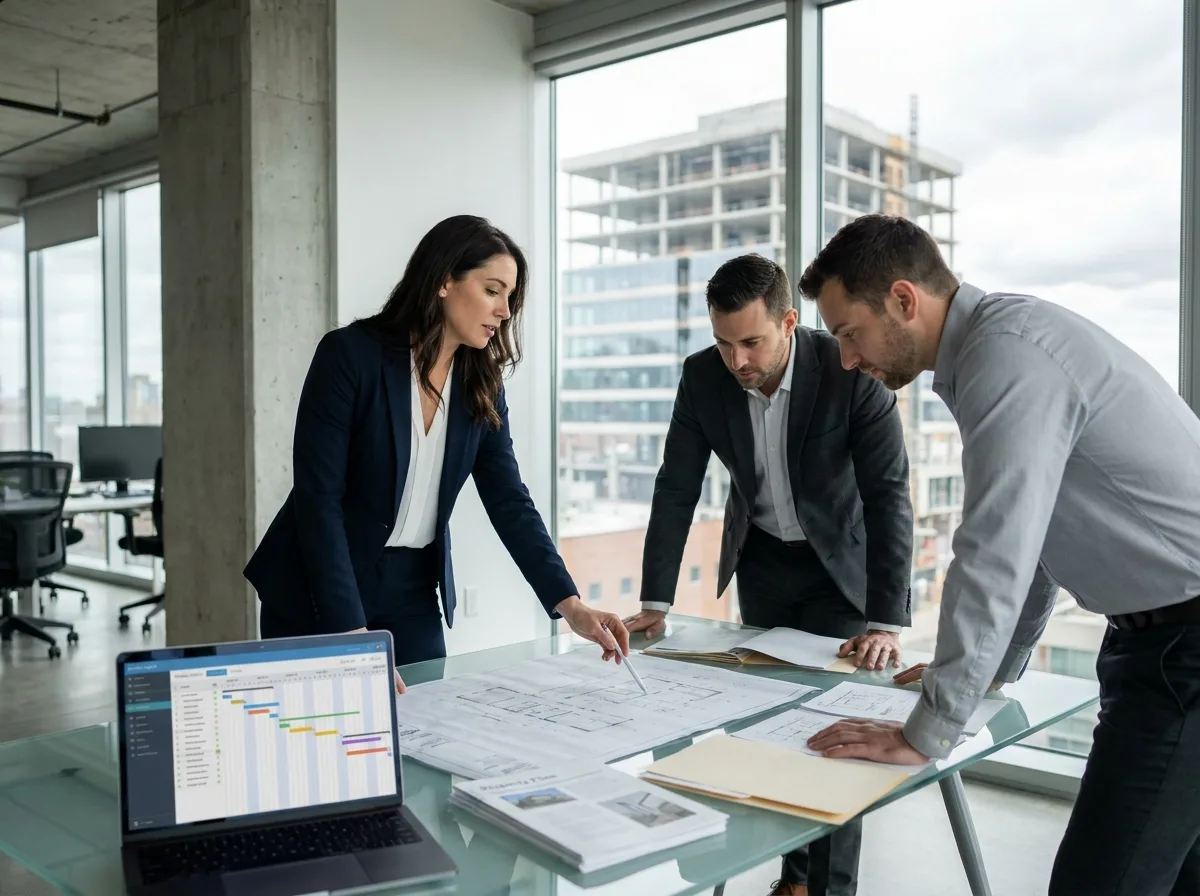 Cheffe de projet immobilier en réunion de pilotage avec son équipe autour de plans architecturaux et d'un tableau de bord Gantt dans un bureau moderne
