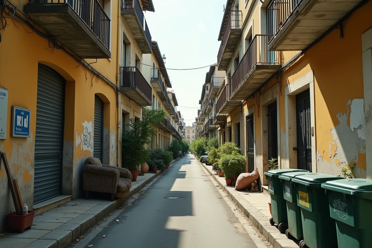 Rue délabrée avec immeubles vétustes et déchets dans un quartier à éviter d'Alès