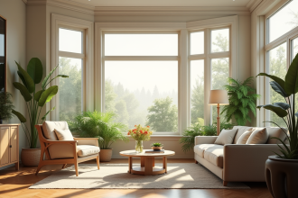 Salon moderne lumineux avec plantes vertes et panneau vente