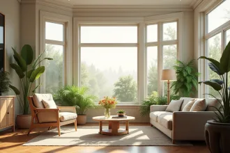 Salon moderne lumineux avec plantes vertes et panneau vente