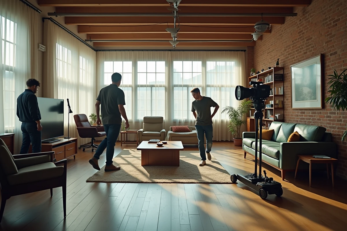 Salon d'une maison privée reconverti en plateau de tournage professionnel avec équipe de production au travail