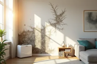 Salon moderne avec moisissure sur le mur et déshumidificateur