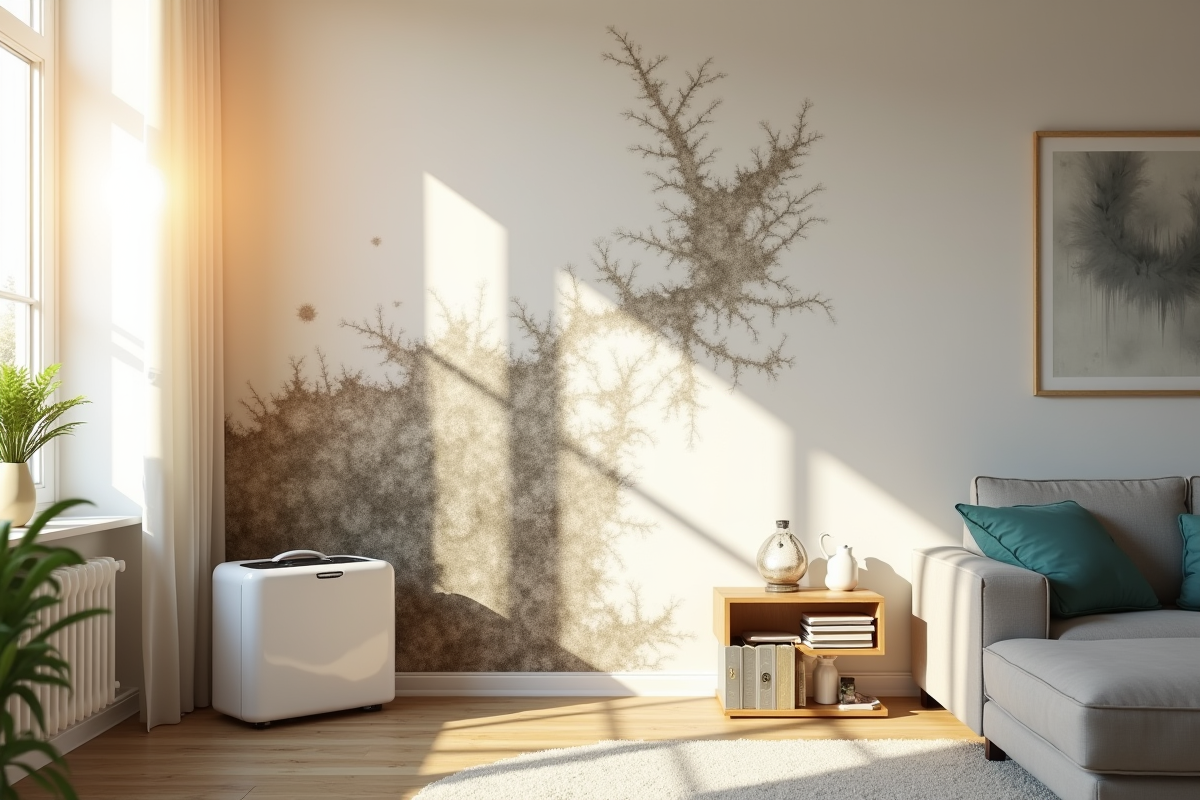 Salon moderne avec moisissure sur le mur et déshumidificateur