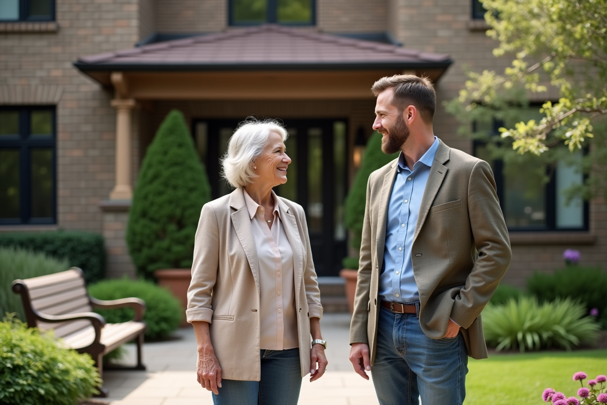 Femme senior et jeune homme devant residence élégante