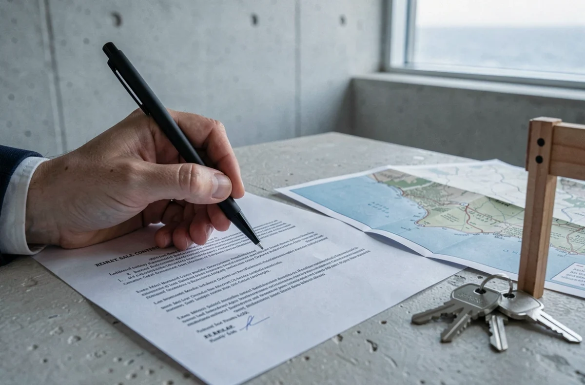 Signature d'un contrat de vente de terrain en bord de mer avec clauses juridiques sur le domaine public maritime