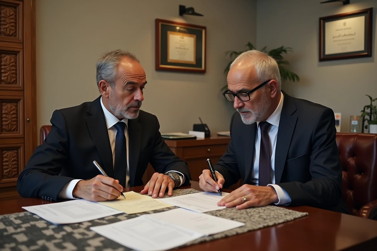 Notaire français et agent immobilier marocain signant un acte de vente d'appartement à Marrakech