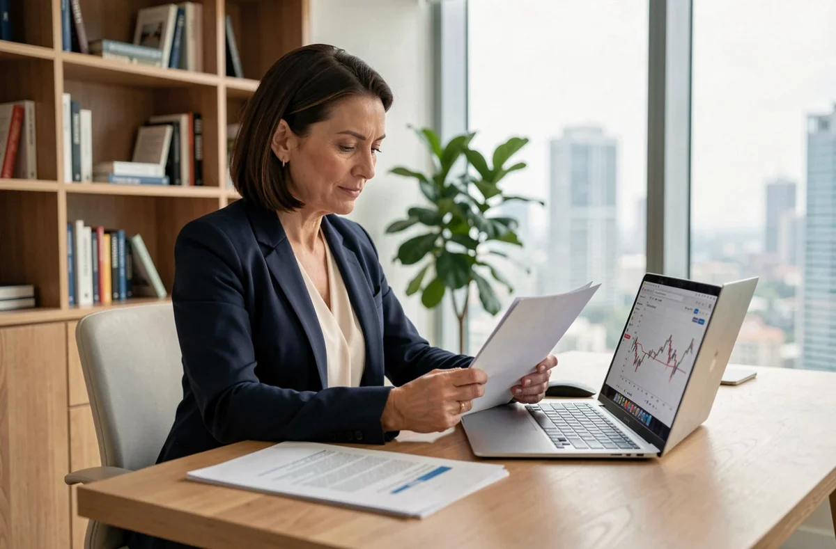Femme professionnelle utilisant un simulateur de frais de notaire sur ordinateur avant une offre d'achat immobilier