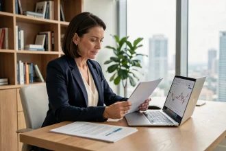 Femme professionnelle utilisant un simulateur de frais de notaire sur ordinateur avant une offre d'achat immobilier