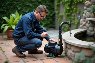Technicien inspectant une pompe de bassin en panne dans un jardin résidentiel avec un multimètre