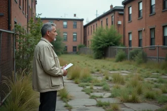 Homme consultant un document cadastral devant un terrain vague abandonné en zone urbaine