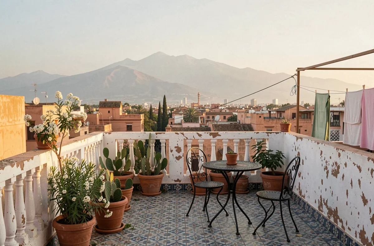 Terrasse d'un appartement à vendre à Guéliz avec vue panoramique sur Marrakech et l'Atlas