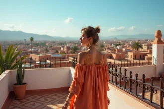 Femme expatriée sur la terrasse d'un riad à Marrakech avec vue panoramique sur les toits de la médina