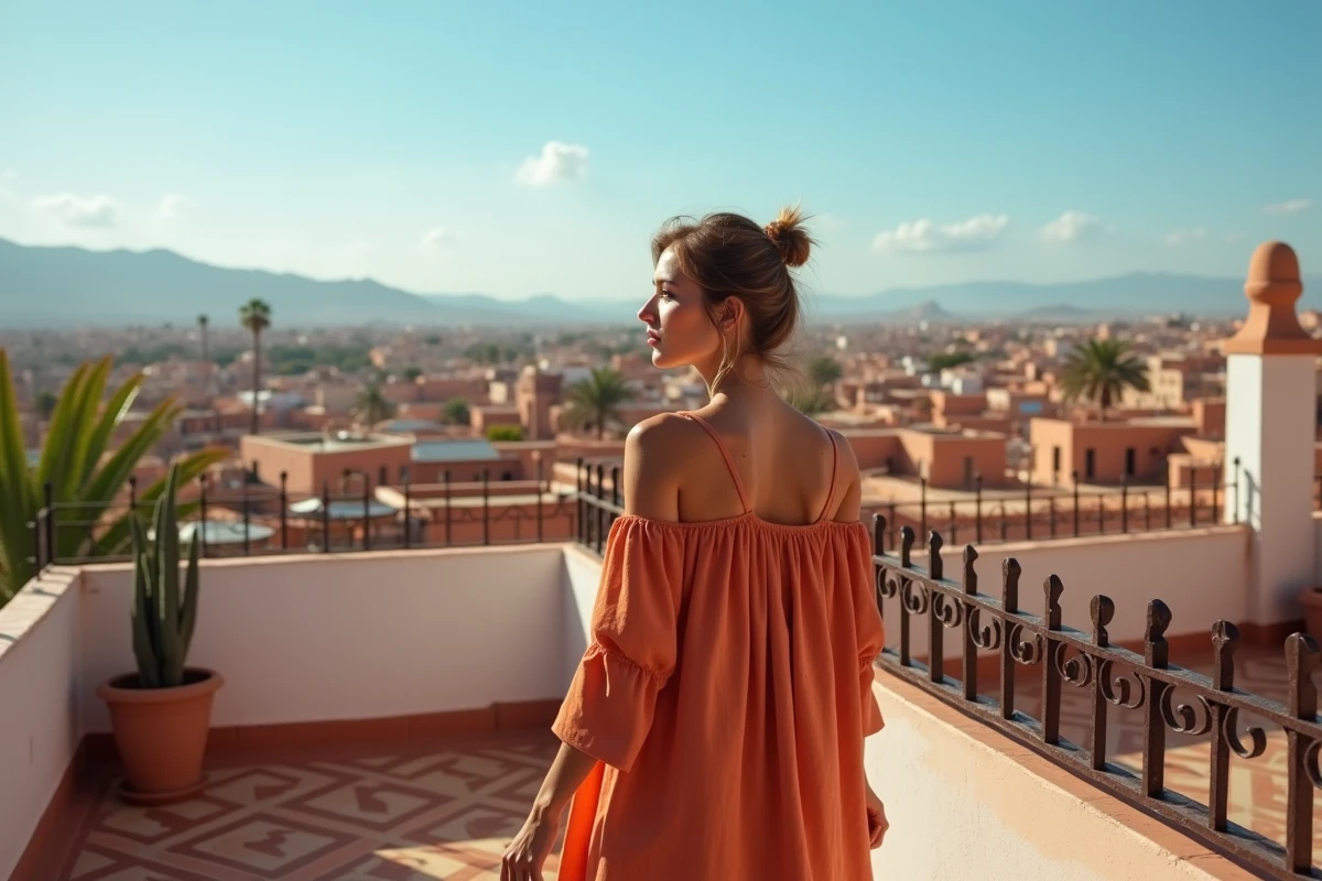Femme expatriée sur la terrasse d'un riad à Marrakech avec vue panoramique sur les toits de la médina