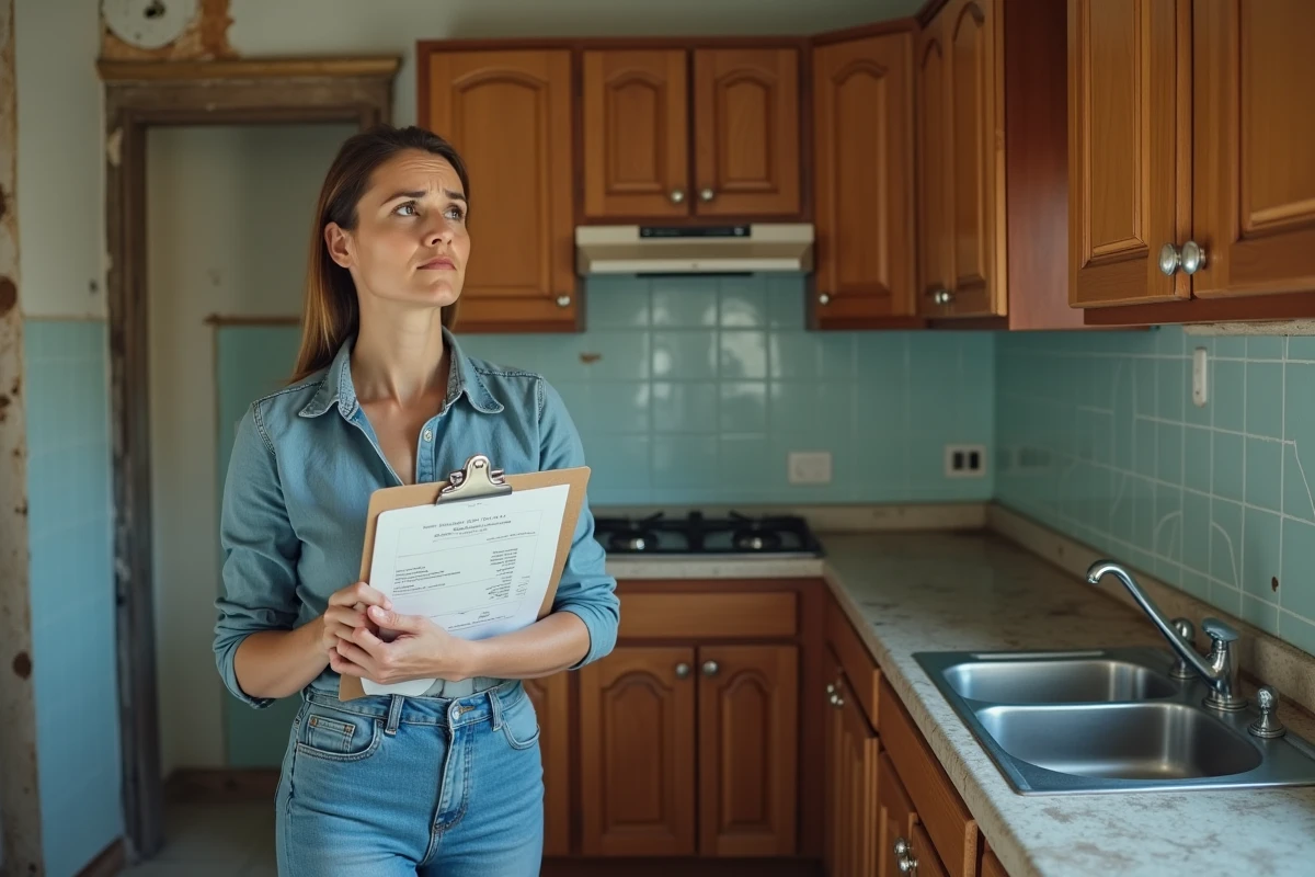 Femme évaluant des travaux de rénovation dans une cuisine vétuste d'une maison en indivision avec des devis à la main