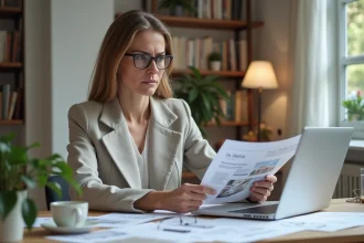 Femme expatriée française consultant des documents immobiliers pour vendre son appartement à Marrakech depuis Paris