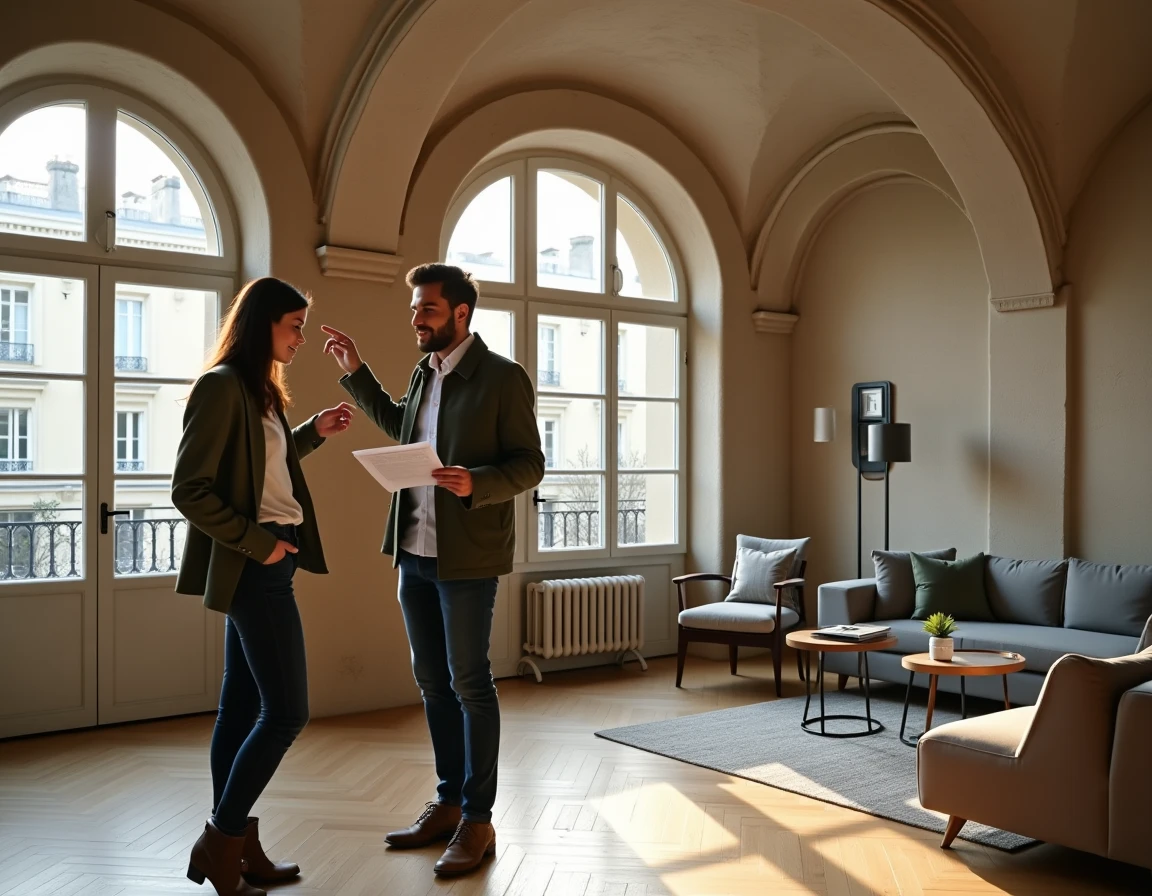 Couple visitant un appartement de luxe haussmannien à Paris lors d'une visite immobilière haut de gamme avec la famille Kretz