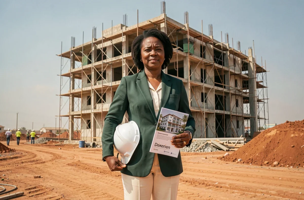 Femme acheteuse visitant un chantier de construction d'appartements sur plan à Dakar en 2026
