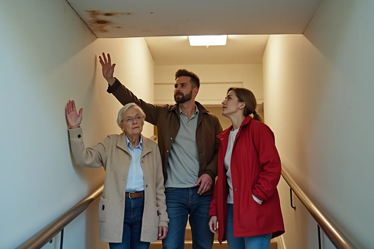 Trois propriétaires d immeuble discutant dans un hall d immeuble