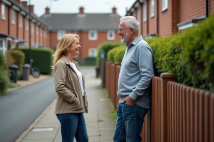 Voisins discutant dans une rue résidentielle calme