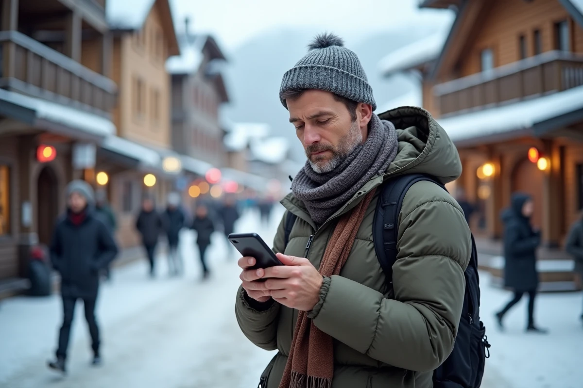Voyageur seul regardant son téléphone dans une rue enneigee